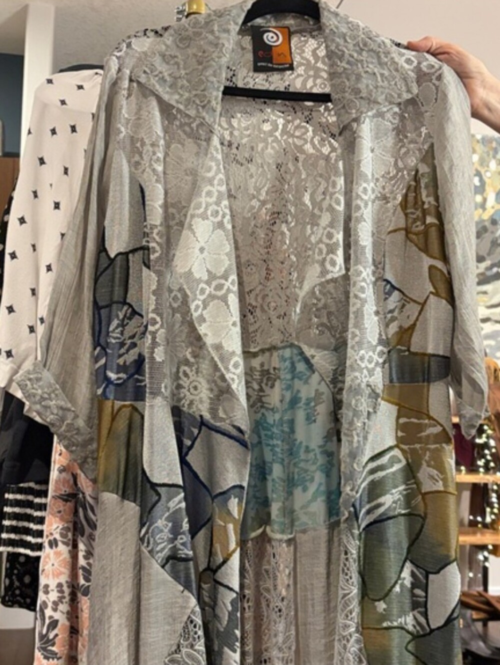 🐚edin long waterfall varied textured patch print & lace duster